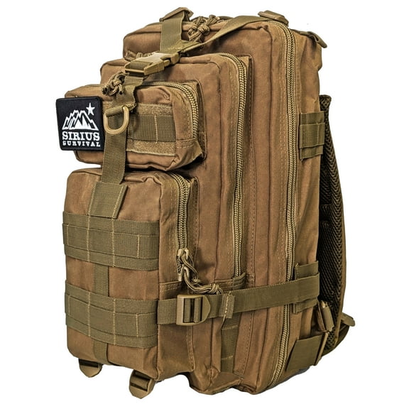 Sirius Survival Camping Backpack - 30L Capacity Heavy Duty 900D Polyester - Great Hunting, Hiking, Camping or Fishing Backpack - Backpack for Men - Tan