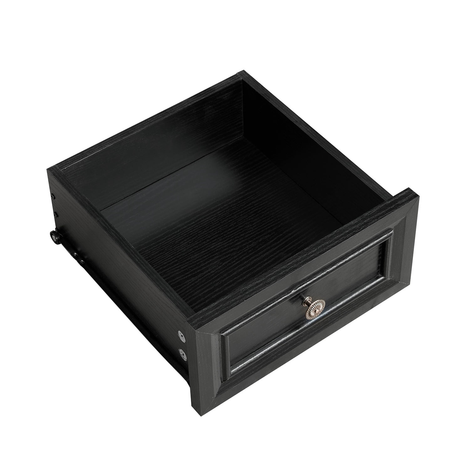 Hommoo Farmhouse Style 2-Drawer Side Table with Storage, Charging Pedestal & Roman Posts Decoration, Rustic Wood Square Nightstand Chest of Drawers for Living Room, Bedroom, Office, Black