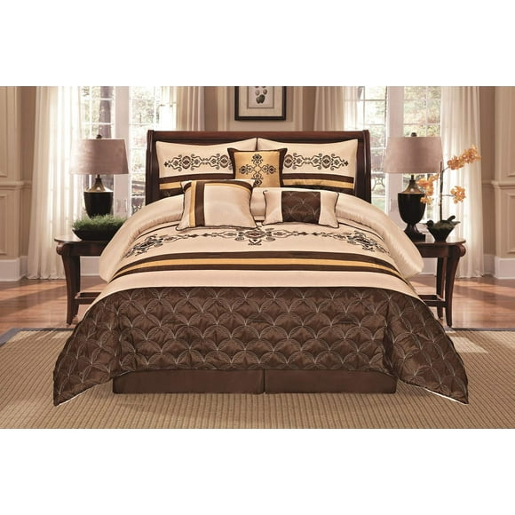 WPM WORLD PRODUCTS MART Ensemble de Literie Complet 7 Pcs Beige Brun Or Ensemble de Couette de Luxe Broderie Bed-in-a-Bag Literie - Yasmen Très Grand