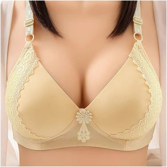 RYRJJ Women's Seamless Wirefree Push-up Bralette Bra Lace Floral Unpadded No Underwire Comfortable Everyday Bras(Beige,S)