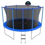 ACWARM HOME 12FT Outdoor Trampolines with Safety Enclosure and Basketball Hoop, Blue Trampoline with Net for Kids