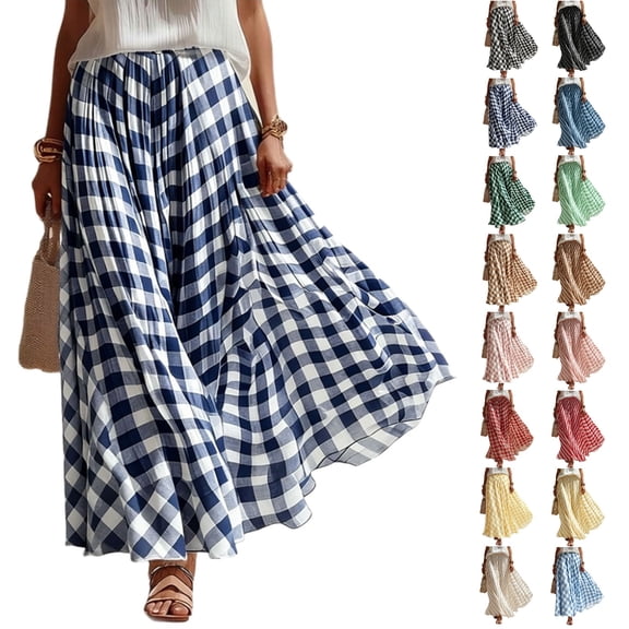 GUACER Gingham Maxi Skirt for Women Boho Plaid Tiered High Waisted A-Line Long Skirts Flowy Summer Beach Swing Skirts