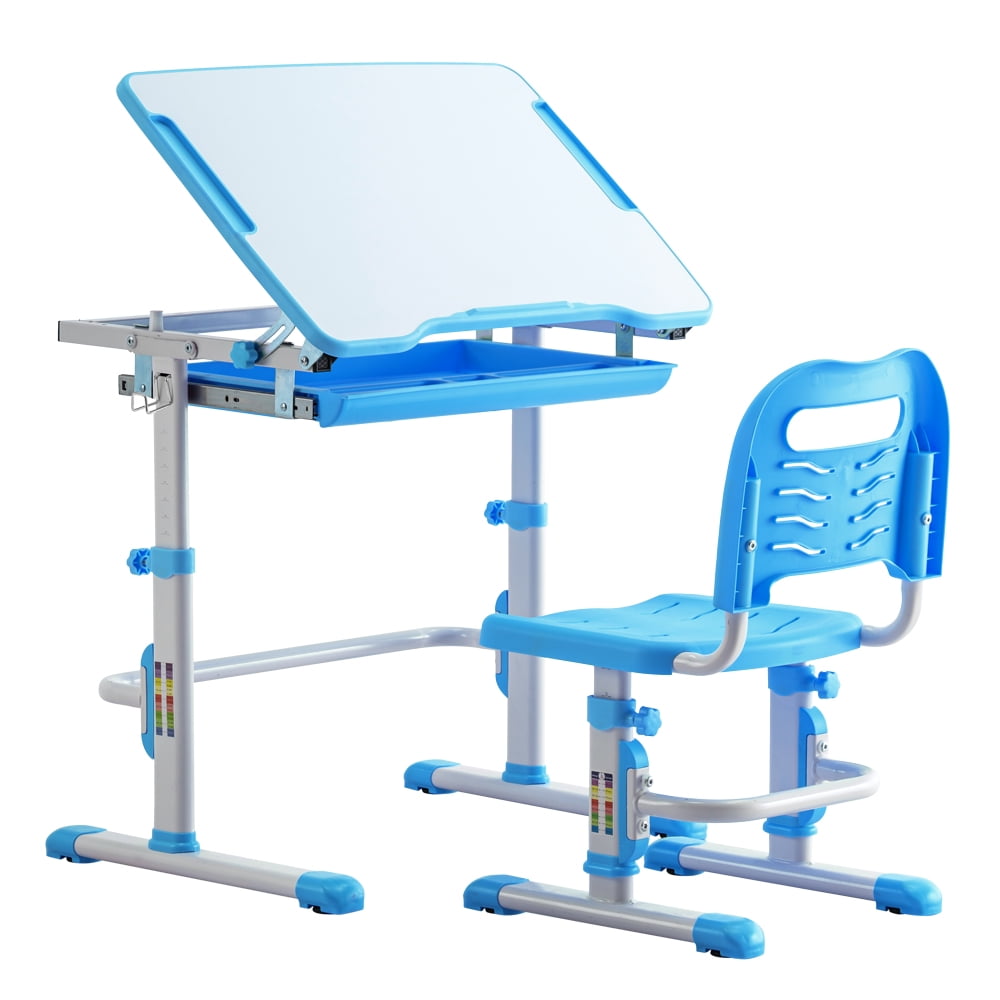 Kepooman Kids Desk, Children Study Table and Chair Set, Childs Desk, School Student Writing Desk, Light White Lacquered White Surface and Blue Plastic-B Kepooman Kids Desk, Children Study Table and Chair Set, Childs Desk, School Student Writing Desk, Light White Lacquered White Surface and Blue Plastic-B