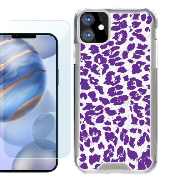 For Apple iPhone 12 Case, iPhone 12 Pro Case, Hybrid Bumper Phone case, with Tempered Glass Screen Protector, by OneToughShield ® - Cheetah Purple
