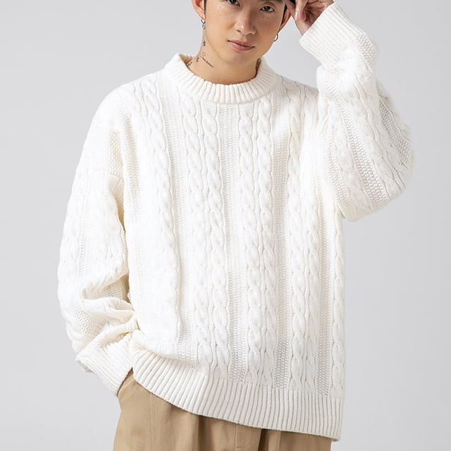 Cameland Chandail d'Hiver Épais Décontracté Mode Couleur Unie Texture Manches Longues Col Rond pour Hommes