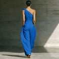 thumbnail image 4 of JULMCOMO Jumpsuits for Women One Shoulder Bow Tie Waist Vacation Summer Rompers Wide Leg Baggy Dressy Jumpsuit with Pockets Dark Blue L, 4 of 7