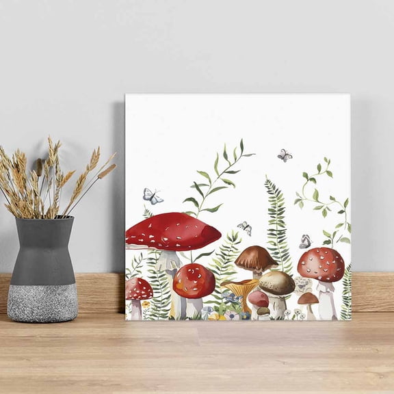 Mushrooms Eucalyptus Wall Art Painting on Canvas, Sage Green Botanical Butterflies Canvas Art Home Prints Wall Art Framed Modern Artwork for Living Room Bedroom Wall Decor 12x12in