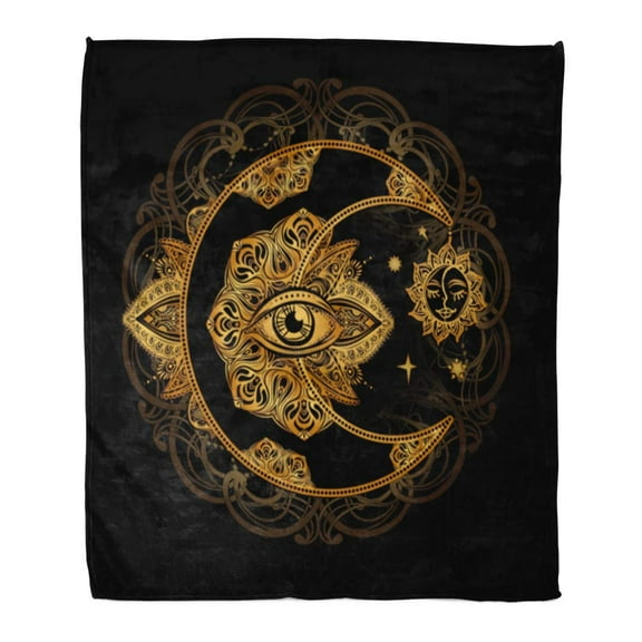 SIDONKU Flannel Throw Blanket Boho Chic Tattoo Golden Crescent Moon and Sun of The Mandala Astrology Alchemy Magic Symbol 50x60 Inch Lightweight Cozy Plush Fluffy Warm Fuzzy Soft