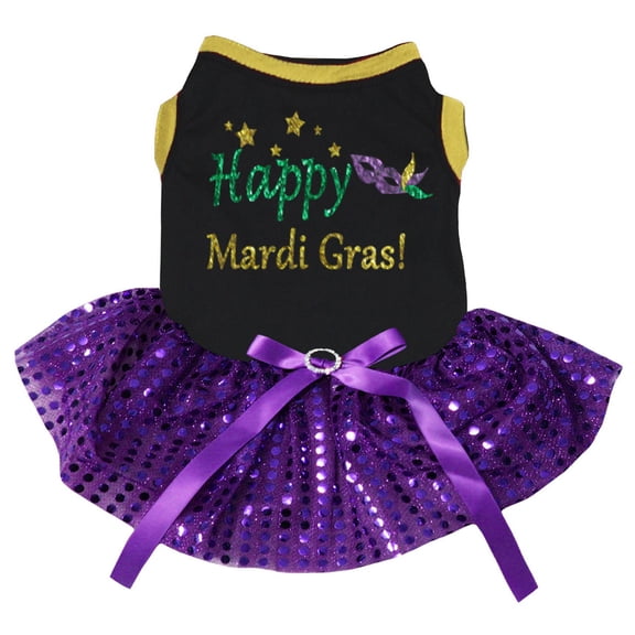 Petitebelle Happy Mardi Gras Eye Mask Puppy Dog Dress (Black/Purple Sequins, Small)