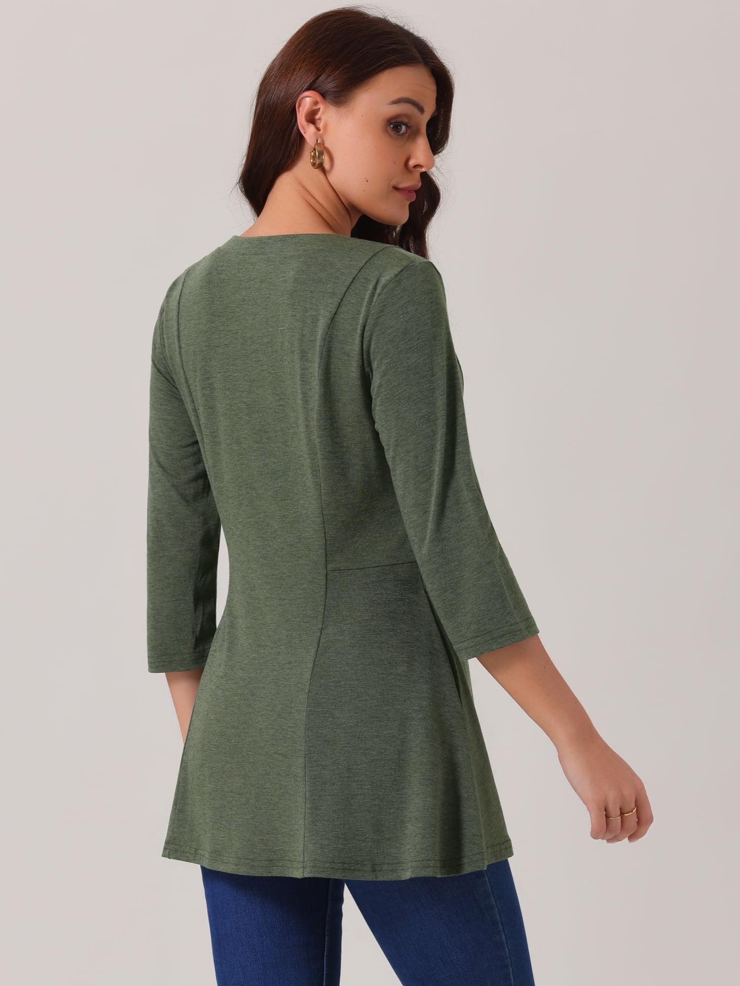 DARING DIVA Women's V Neck 3/4 Sleeve Casual Blouses with Pockets S Green