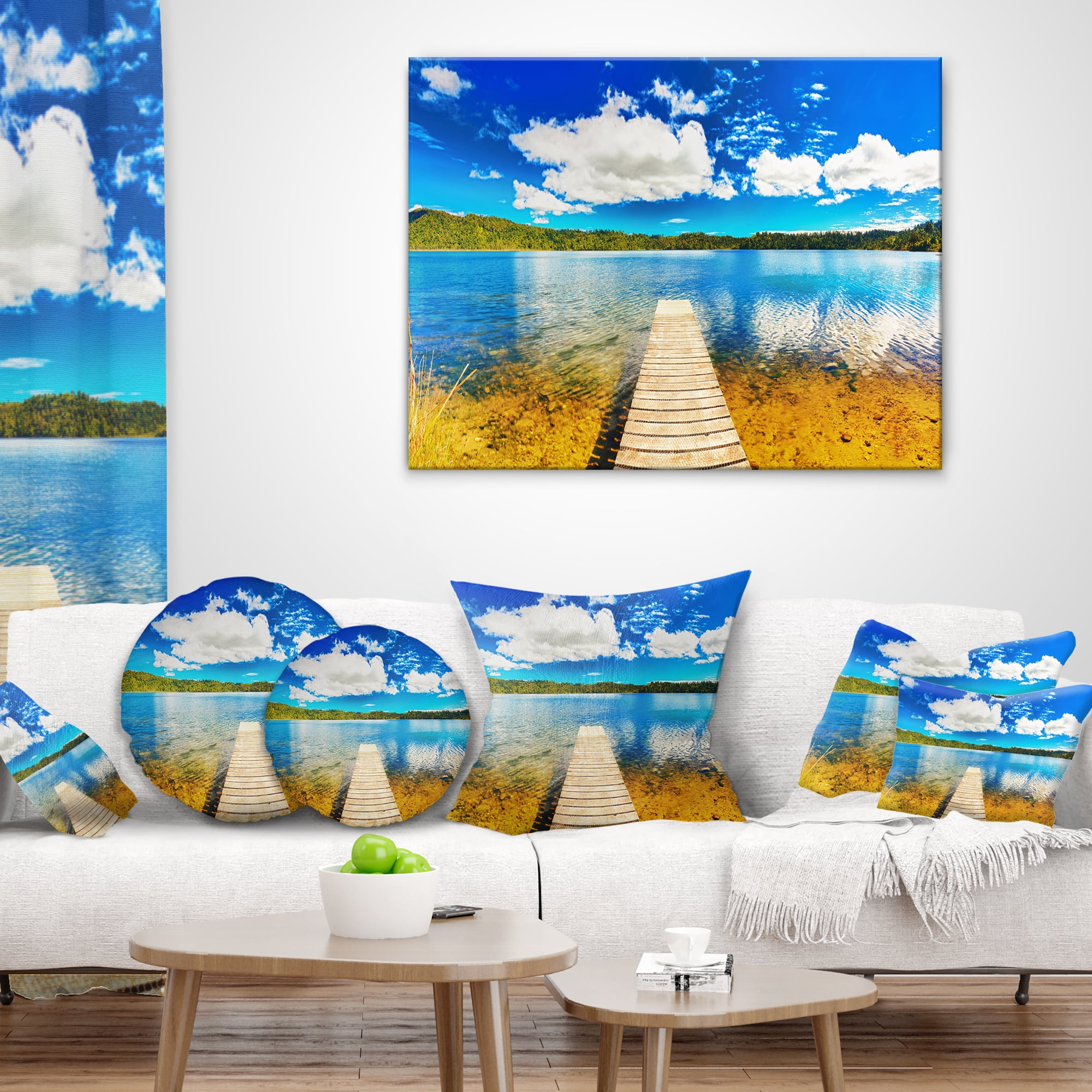 Designart Lake with Pier Panorama - Photography Throw Pillow - 16x16
