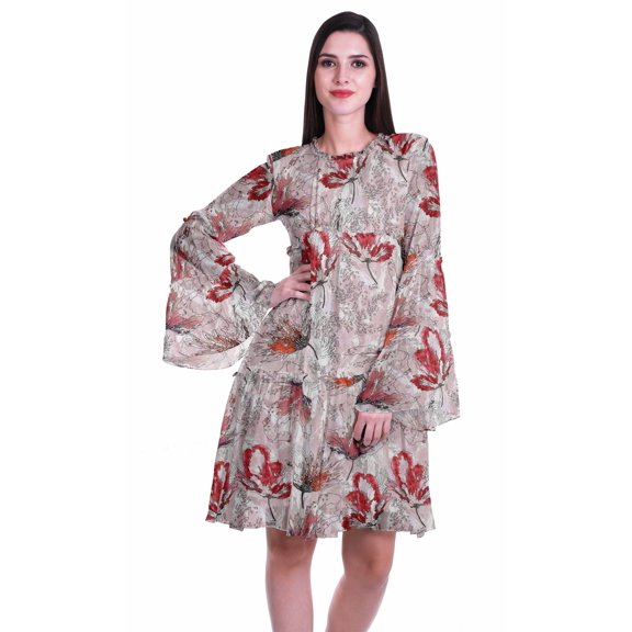 Moomaya Womens Long Sleeve Printed Knee Length Dress Flared Flowy Summer Dress