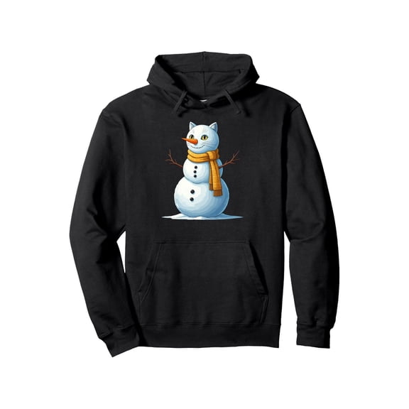 Funny Cat & Snowman Print Hooded Sweatshirt - 50% Cotton 250gsm All-Season Pullover Hoodie for Men & Women, S-XXXL Black Winter Christmas Sweater, Casual Wear & Holiday Outfits, Cozy Unisex Hoodie wi