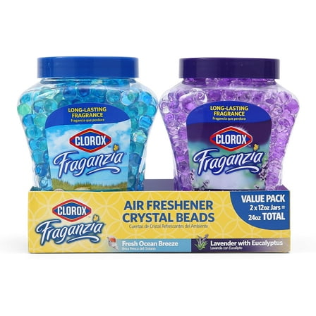 Fraganzia Air Freshener Crystal Beads Double Pack, Fresh Ocean Breeze & Lavender w/Eucalyptus Scents - Long-Lasting Odor Eliminator Gel Beads to Freshen Home, Car, or Office, 12 Fl Oz Jars