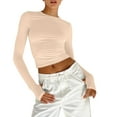 thumbnail image 2 of TODOZO Long Sleeve Shirts for Women Tunic Tops Casual Womens Summer Tops Womens Crewneck Long Sleeve Shirt Double Lined Basic Tees Side Ruched Going Out Crop Tops Beige L, 2 of 9