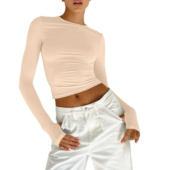 Women's T-Shirt Crewneck Long Sleeve Double-Lined Side Ruched Crop Casual Top - Pink/Hot Pink/Purple/Blue/Dark Blue/Grey/Beige/Red/Orange/Khaki/Green/Brown - S/M/L | Yubnlvae (Beige | L)