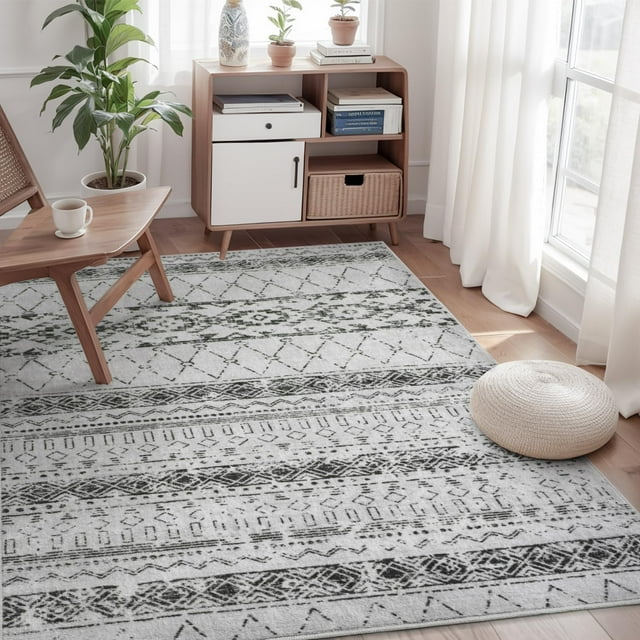 Boho Area Rug 3x5 Carpet-Rugs for Living Room Door Mat Indoor Entryway Bedroom Modern Moroccan Washable Rugs for Bedroom Distressed Neutral Rug Black