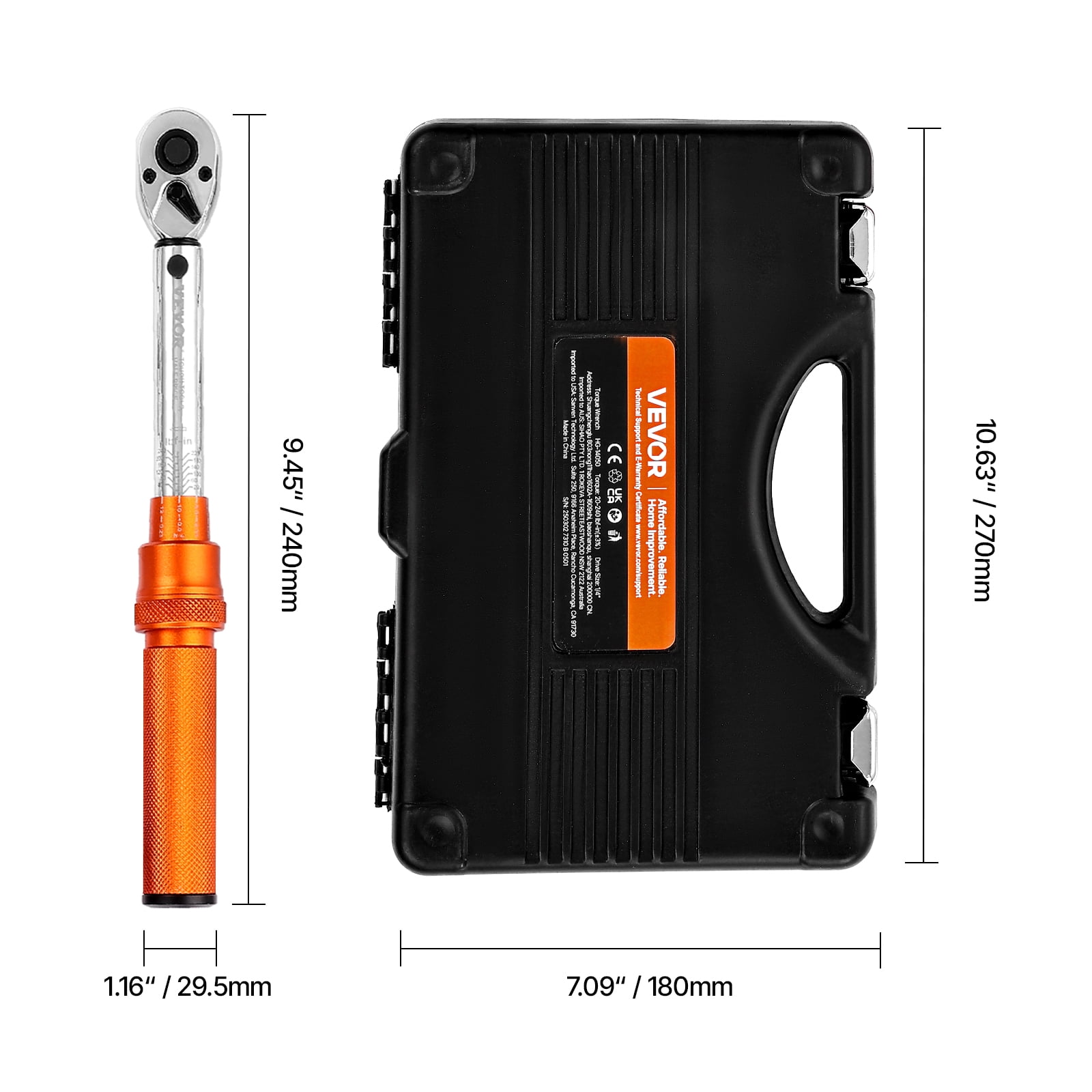 VEVOR Click Torque Wrench Set, 1/4Inch Drive, 20-240 lbf-in / 2.3-27.1N.m, Dual-direction and Dual Range Scales, 72-Tooth, ±3% High Precision, with Bits, Sockets, Adapters, Extension Bar, Orange