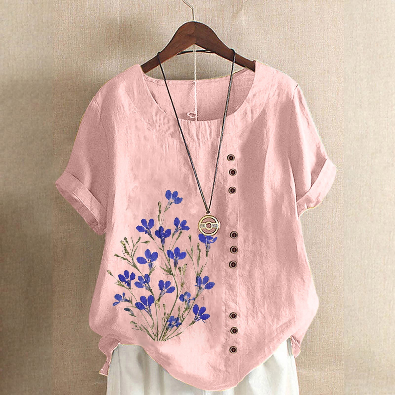 Womens Summer Cotton Linen T-Shirts Casual Crewneck Dandelion Print ...