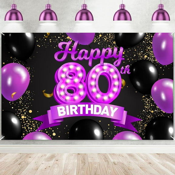 Happy 80th Birthday Banner, Black Purple