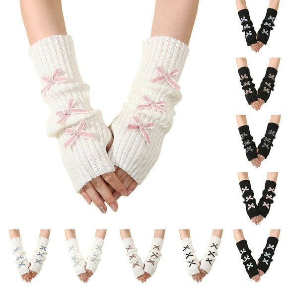 LIspipm Fingerless Long Gloves for Women Knit Soft Feel Winter Thumb Hole Arm Warmers Wrist Gloves with Fashion Bowknots Black