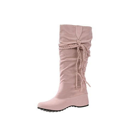 

UKAP Womne s Casual Mid Calf Boots Walking Fashion Fringe Boot Tassel Bootie Pink 5