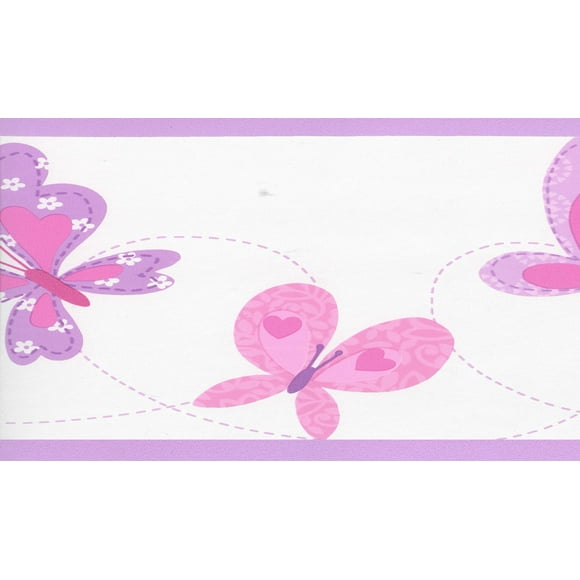 Prepasted Wallpaper Border - Kids Pink, Purple, Beige Butterflies Wall Border Retro Design, 15 ft x 7 in (4.57m x 17.78cm)