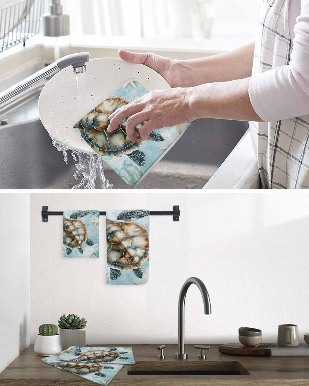 Teal Sea Turtle Coastal Dish Towels Set, Waffle Weave Kitchen Towels 3 Pieces, Summer Beach Nautical Coral Microfiber Hair Face Bath Tea Towel Absorbent Quick Drying Cleaning Dish Cloths, 12"x12"