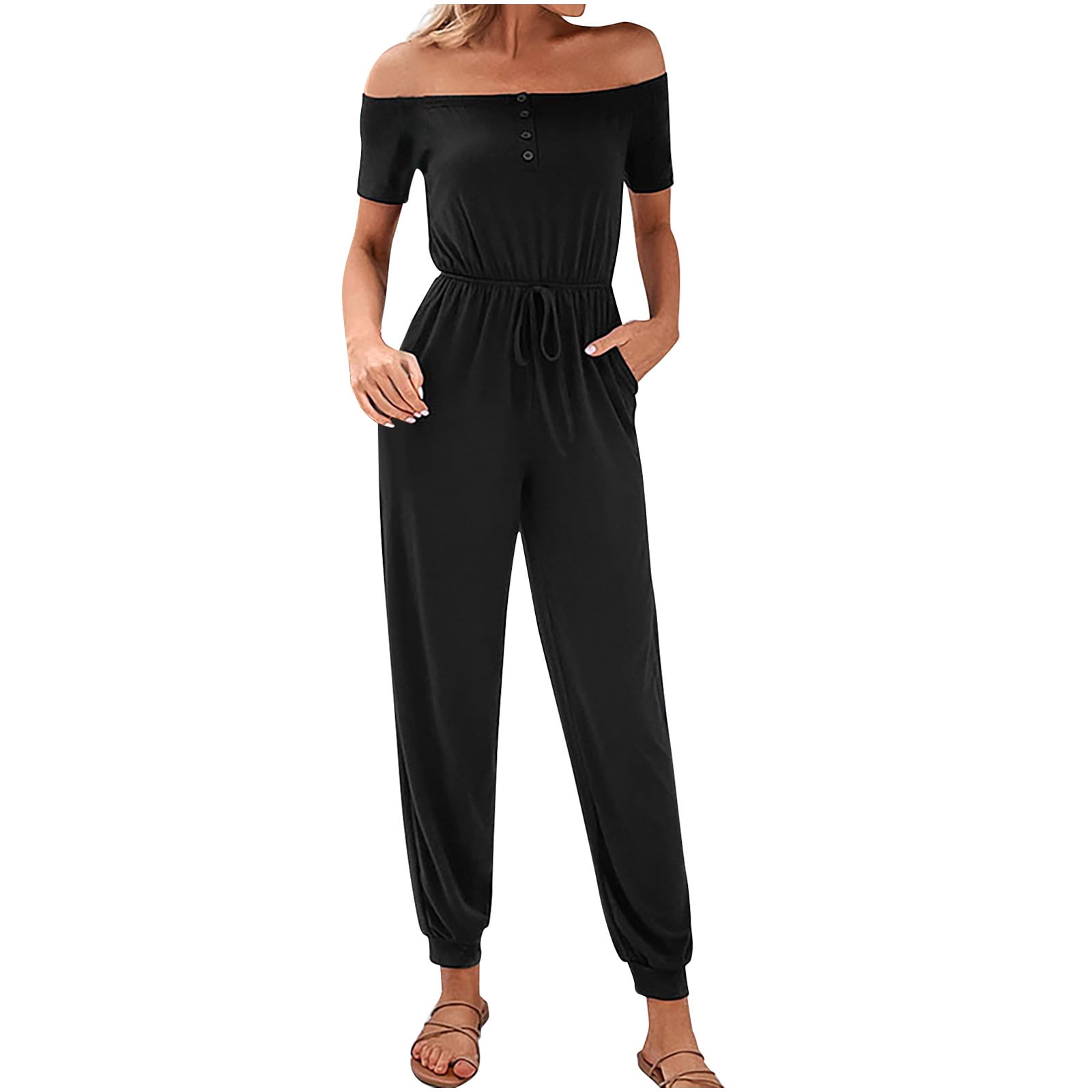 Women s Off Shoulder Romper Jumpsuits Drawstring Waist Tapered Long Pants Pockets Lounge Streetwear Solid Color Walmart