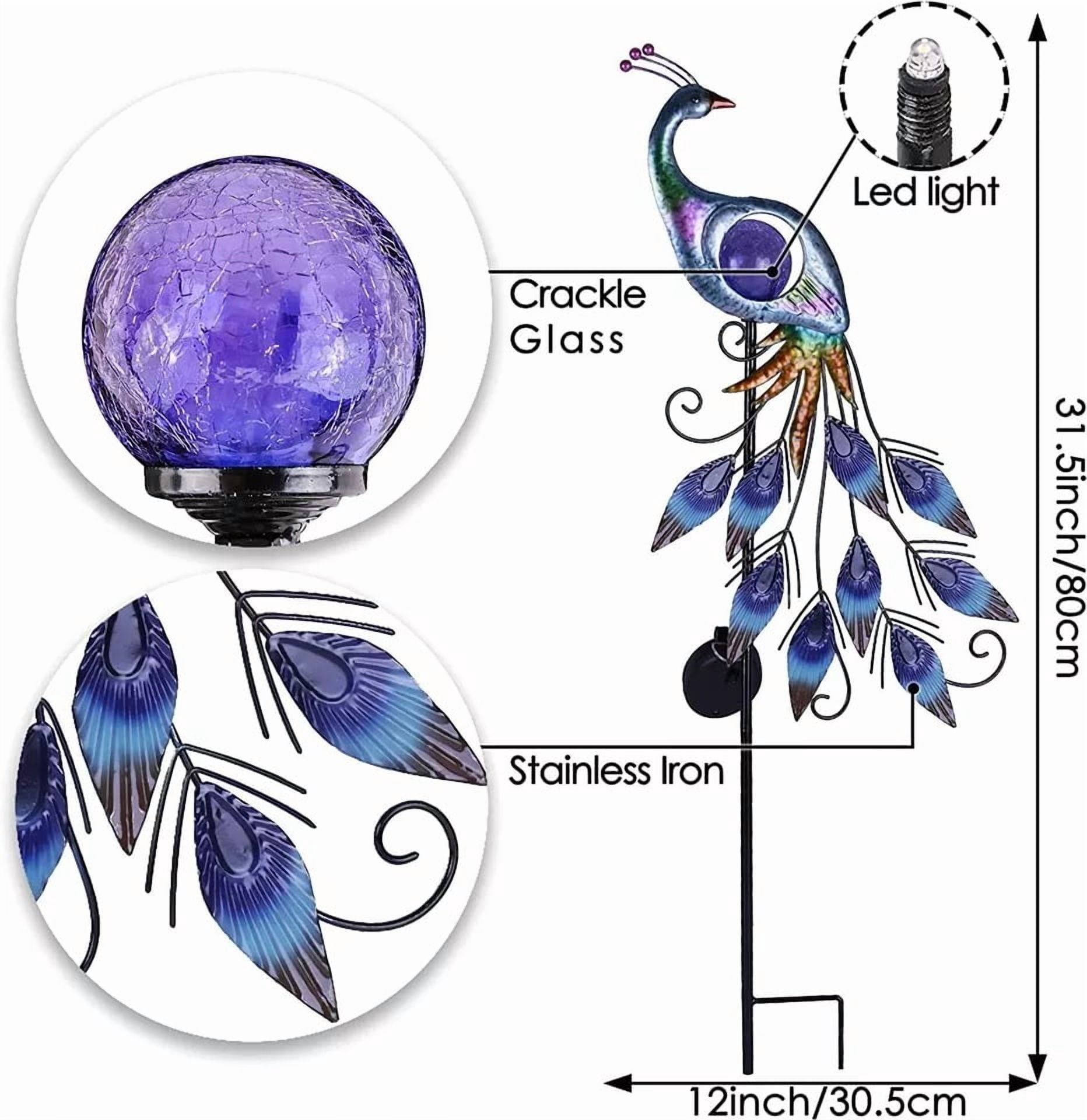 XZKING Peacock Solar Outdoor Lights 31.5'' Metal Lawn Ornaments for Outside with Crackle Glass Ball,Decorative Stake for Patio Yard Decorations