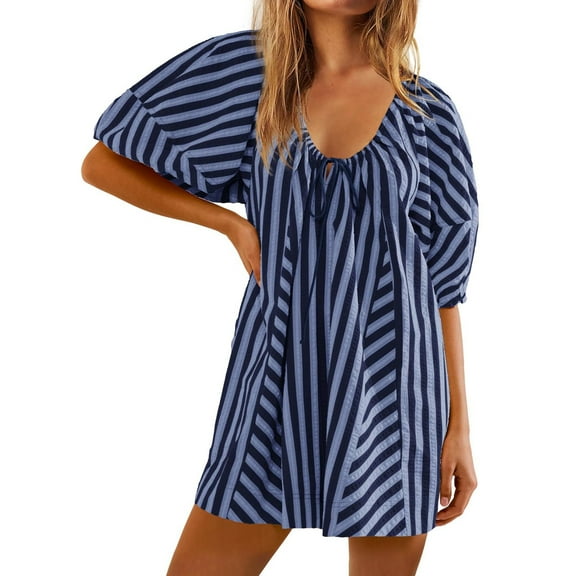 Pitauce Rompers for Women Summer Casual Striped Puff Short Sleeve Wide Leg Shorts Oversized Adjustable Neck One Piece Jumpsuits with Pockets