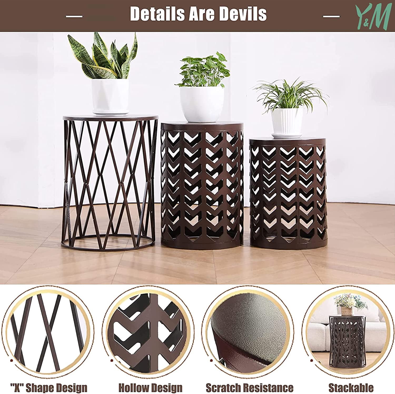 Y&M Set of 3 Round Heavy-Duty Side Table End Table, Coffee Table for Indoor Multifunctional Use, Outdoor Garden Stool Plant Stand-Pure Brown