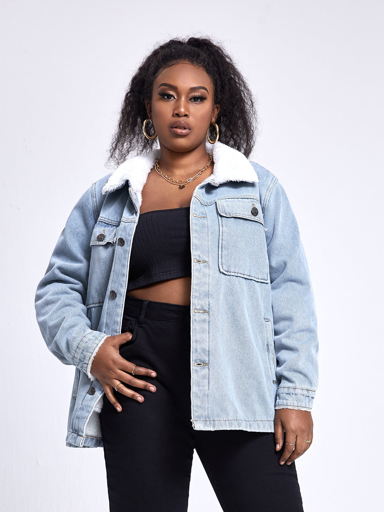 Flap Pockets Teddy Lined Denim Jacket 