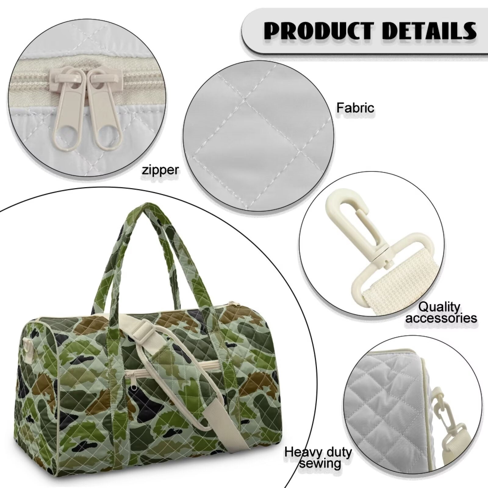 Garronmavis Camo Print Large Quilted Duffle Bag for Women, Travel Weekender Bag Overnight Gym Carry On Tote Bag with Zipper Pockets for Dance, Work & Trips