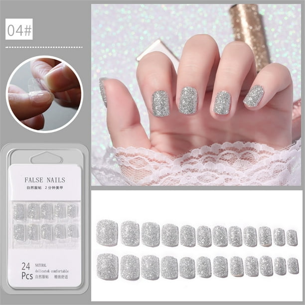 Polvo para uñas, parches para decoración de uñas, 24 uñas postizas cortas con parches de pegamento gelatinoso, uñas de ataúd