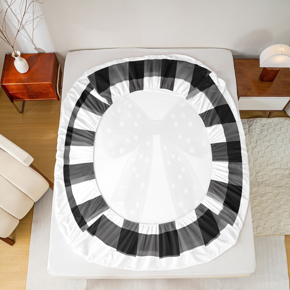 Homewish Ribbon Bow Bowtie Queen Sheet Sets,Geometric Plaid Grid Flat Sheet,White Black Queen Fitted Sheet For Child,Ultra Soft Home Decor,4pcs