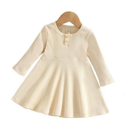 

Baby Girls Solid Ribbed Autumn Long Sleeve Princess Dress Headbands Clothes