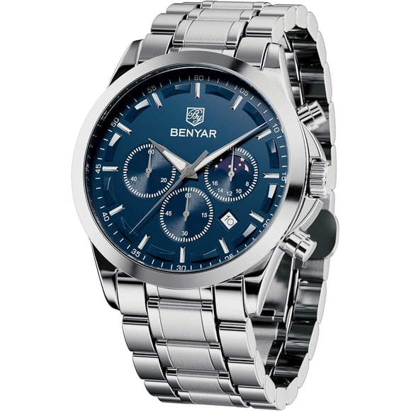 BENYAR Mens Watches Waterproof Wrist Watch for Men Multifunction Chronograph Black Fashion Business Casual Sport Designer Dress Watch with Calendar Leather/Stainless Steel Strap