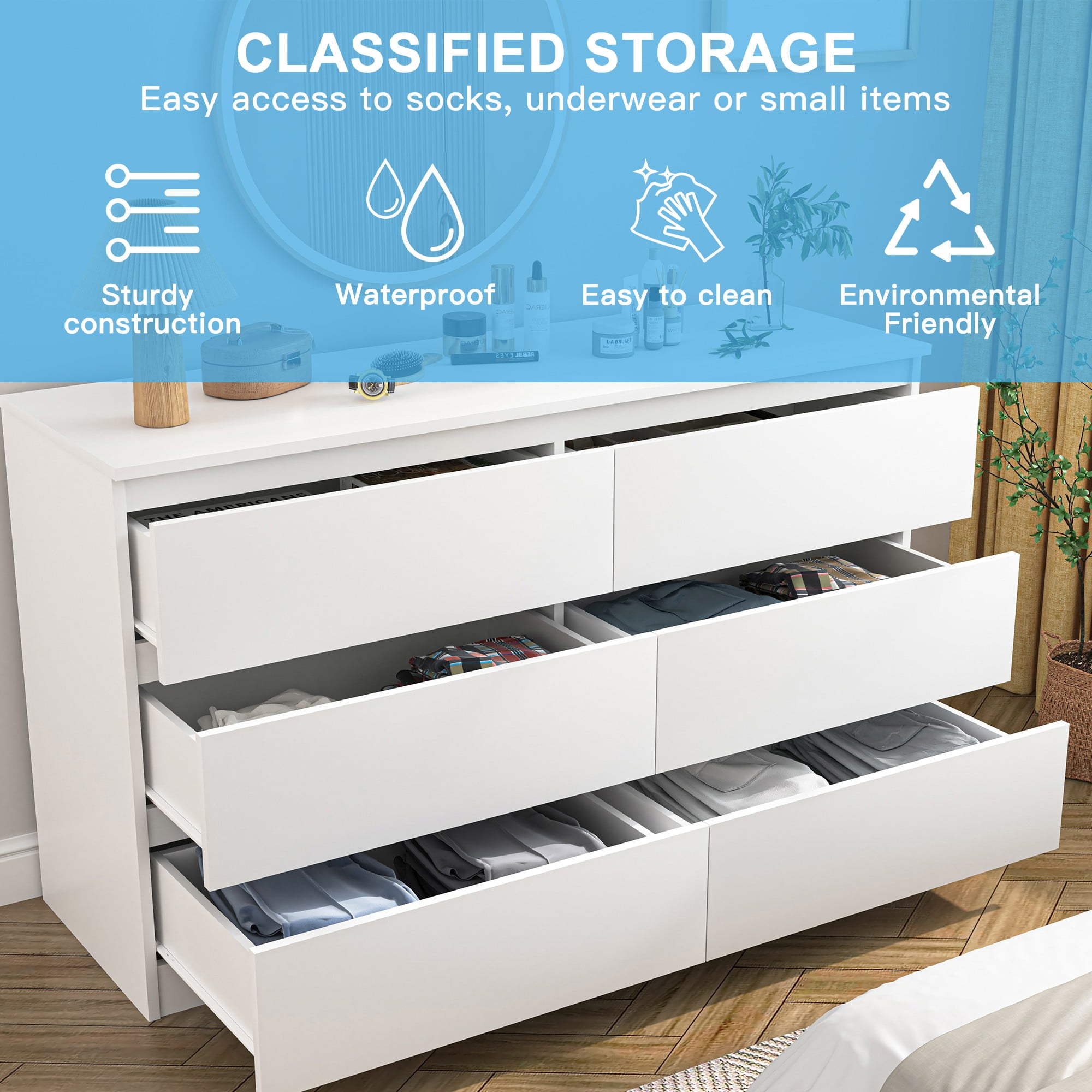Finihen 6 Drawer Double Dresser, Modern 6 Chest of Drawers with Deep Drawers, Wide Storage Organizer Cabinet for Living Room, Kids, White Finihen 6 Drawer Double Dresser, Modern 6 Chest of Drawers with Deep Drawers, Wide Storage Organizer Cabinet for Living Room, Kids, White