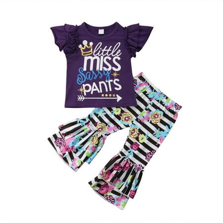 2PCS Kids Girls Striped Set Summer Ruffles T-shirt+Flare Pants Outfits Clothes Set 80