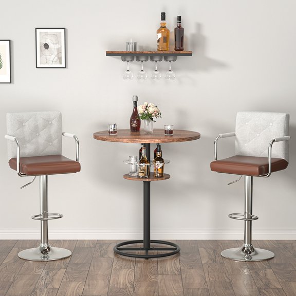 VECELO 3-Piece Bar Table Set, 23.6" Round Pub Table and PU Leather Adjustable Swivel Chairs, Modern Counter Height Table Set with 2 Bar Stools for Kitchen, Office, Brown