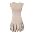 thumbnail image 4 of JIAYUE Women's Dress O-Neck Solid Color Mini Double Layered Ruffle Hem Tiered Sleeveless Tank Fit And Flare Classic Female Dresses, 4 of 5