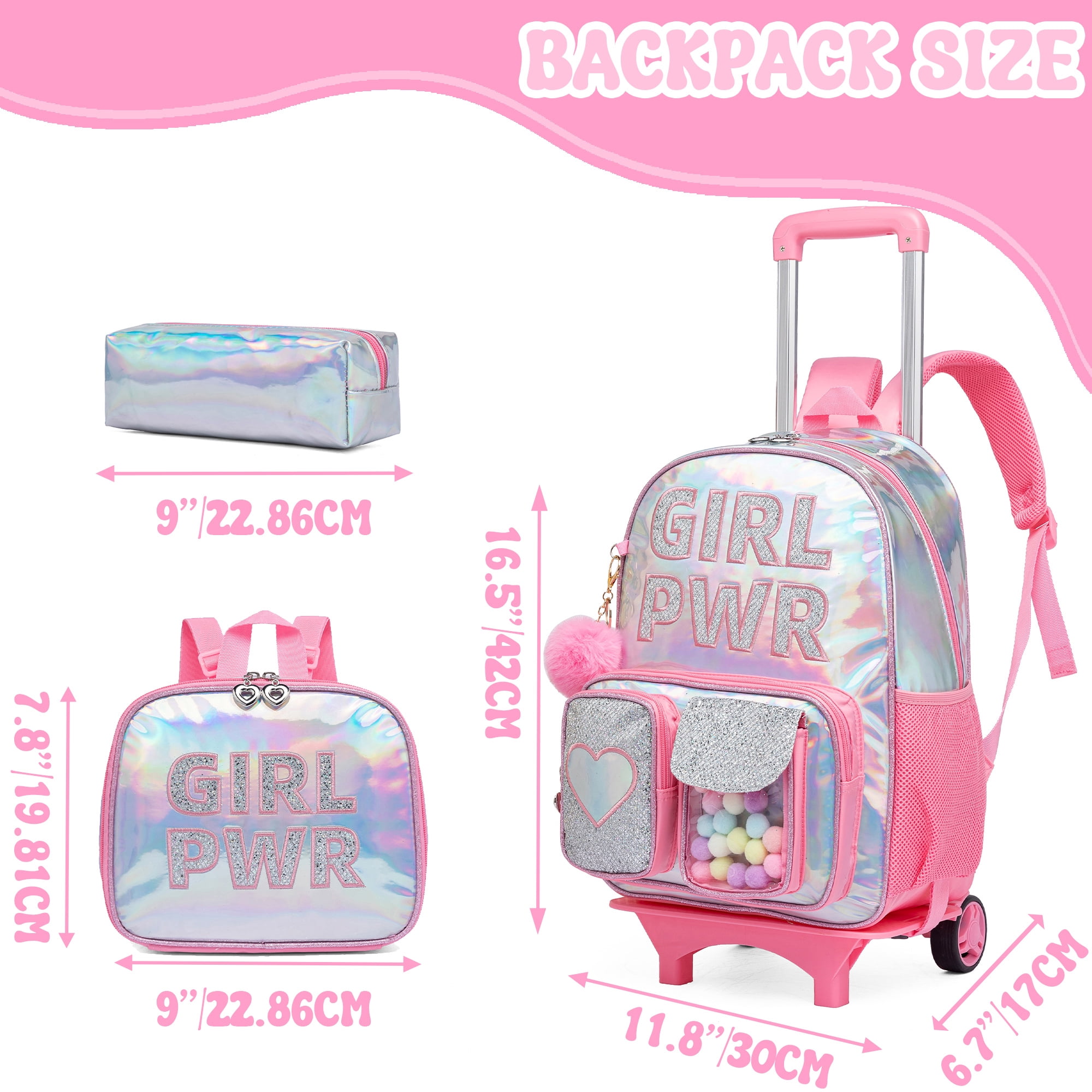 Sequin Kids Rolling Backpack with Wheels Roller School Girls Bookbag with Lunch Box Carry on Suitcase for Ages 6-12