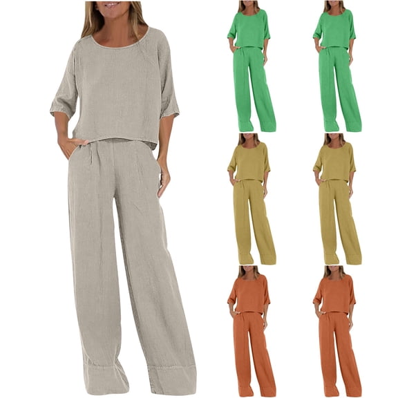 Pretxorve 2 Piece Set for Women Solid Short Sleeve Loose Top Pocket Straight Long Trousers Daily Outfits