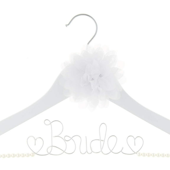 Ella Celebration Bride to Be Wedding Dress Hanger Wooden and Wire Hangers for Brides Gowns, Dresses (White with Pearl Strand and Flower)
