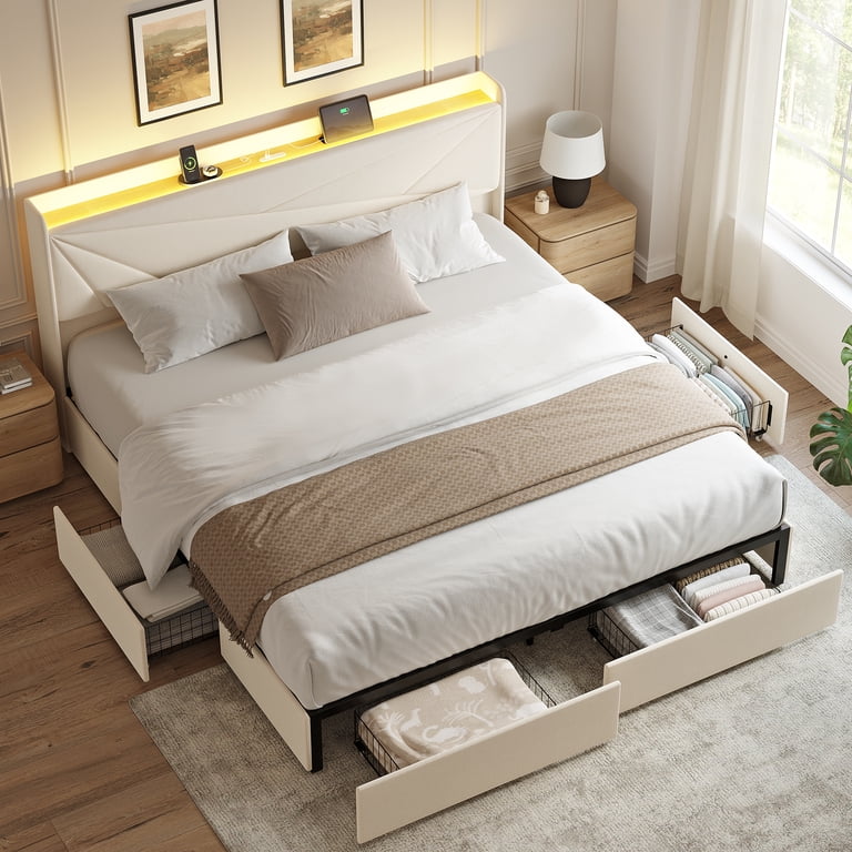 GUNAITO King LED Bed with Storage Drawers, Beige photo 5