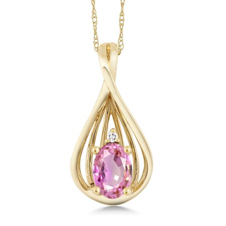 Gem Stone King 10K Yellow Gold Pink Sapphire and White Diamond Teardrop Pendant Necklace for Women (0.55 Cttw, Gemstone September Birthstone, Oval 6X4MM, with 18 inch Chain)