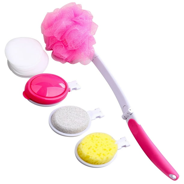 1 juego de cepillos de baño, accesorios, cepillo de espalda multiusos, cabezales surtidos, cepillo de baño, cepillo de limpieza plegable, rosa