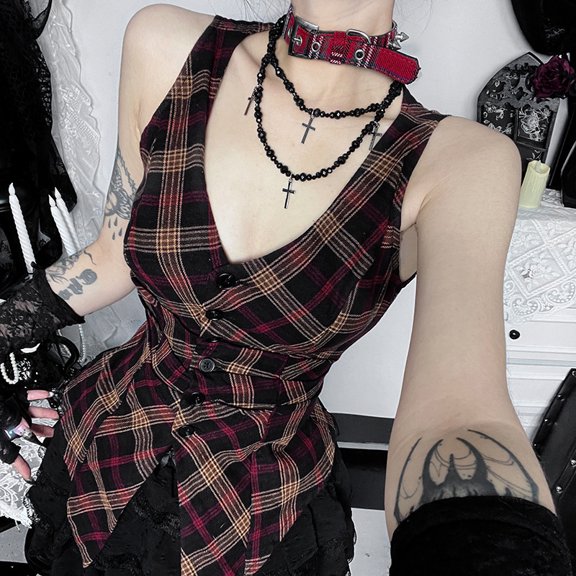 Dark Academia Plaid Corset Top Gothic V-Neck Cinched Waist Vest Y2K Sleeveless Top for Spring & Summer