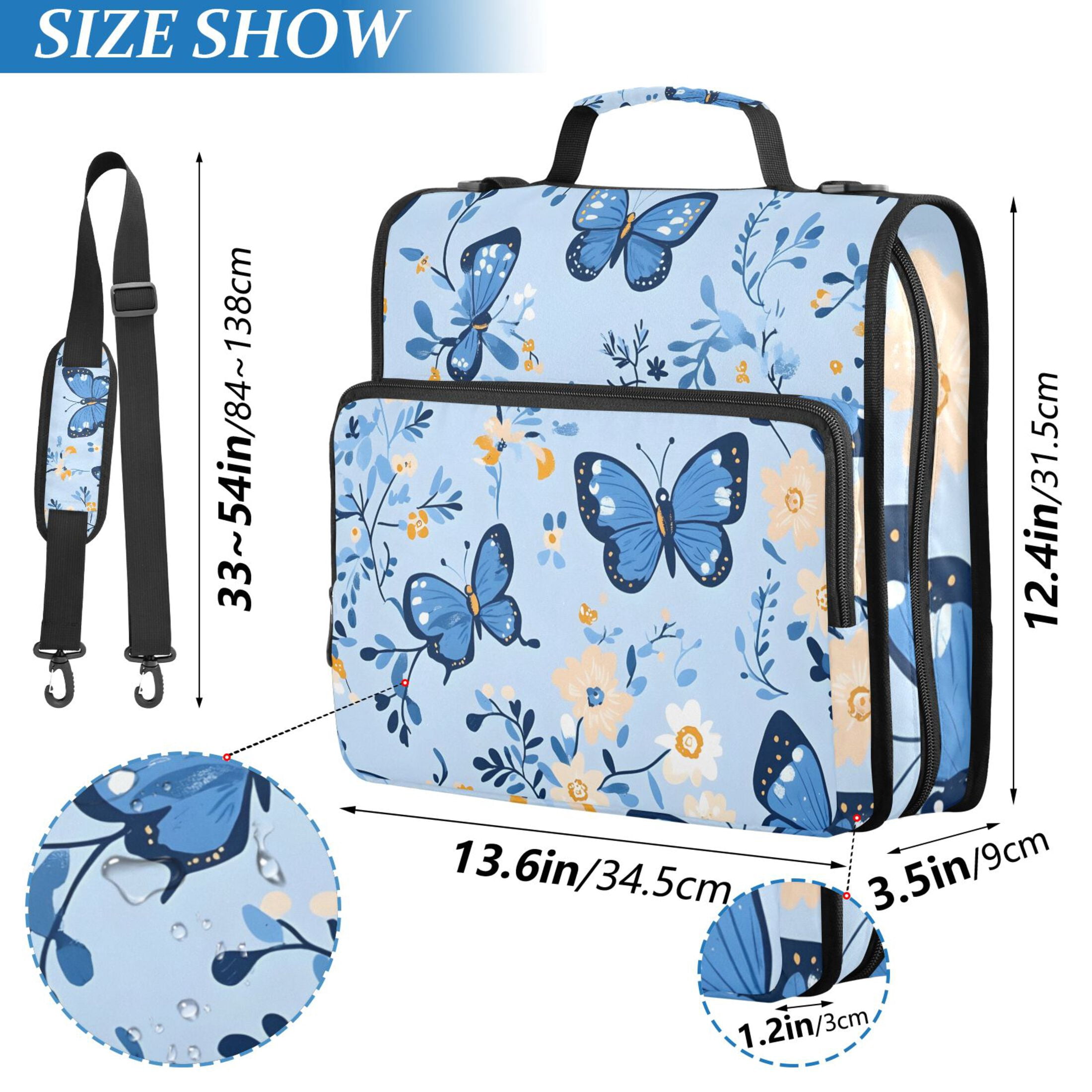 3 Ring Zipper Binder with Shoulder Strap Waterproof Trapper Keeper 2 Inch D-Ring 500 Sheets Capacity Blue Butterflies and Flowers
